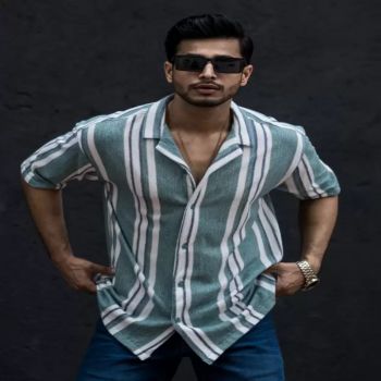 Maniac Mens Striped Collar Neck Half Sleeve Berly Green Cotton Oversized Shirt