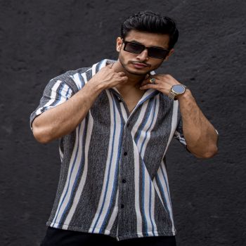 Maniac Mens Striped Collar Neck Half Sleeve Black Cotton Oversized Shirt