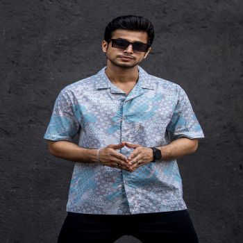 Maniac Mens All Over Printed Collar Neck Half Sleeve Blue Cotton Oversized Shirt