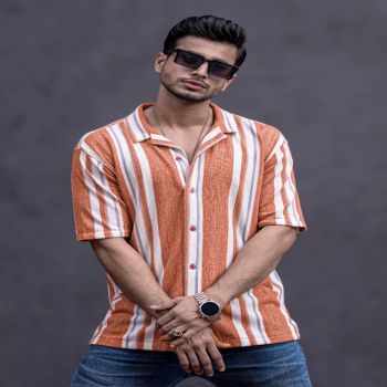 Maniac Mens Striped Collar Neck Half Sleeve Rust Jacquard Oversized Shirt