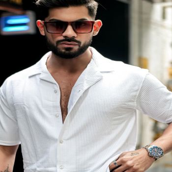 Maniac Mens Solid Polo Neck Half Sleeve White Oversized Cotton Shirt