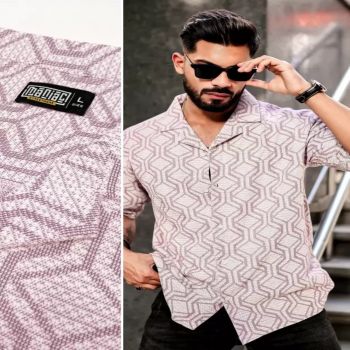 Maniac Mens Textured Solid Collared Neck Half Sleeve Pink and White Cotton Shirt
