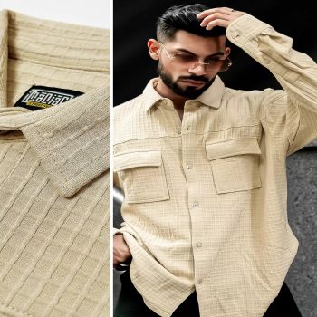 Maniac Mens Solid Textured Full Sleeve Beige Cotton Blend Jacquard Fabric Shirt