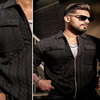 Maniac Mens Solid Textured Half Sleeve Black Polyester Blend Quilting Jacquard Fabric Shirt