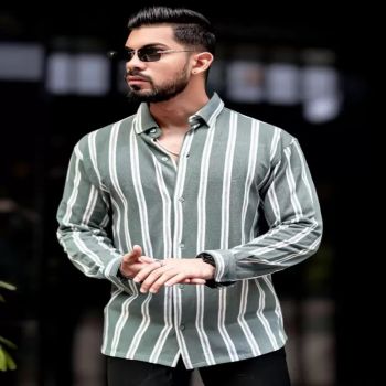 Maniac Mens Vertical Stripes Full Sleeve Terry Fabric Green Slim Fit Shirt