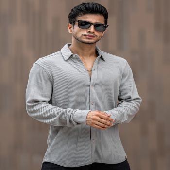 Maniac Mens Solid Vertical Stripe Textured Full Sleeve Light Grey PolyCotton Shirt