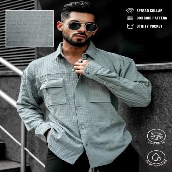 Maniac Mens Solid Textured Half Sleeve Light Grey Cotton Blend Jacquard Fabric Shirt