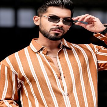 Maniac Mens Vertical Stripes Full Sleeve Terry Fabric Rust Slim Fit Shirt