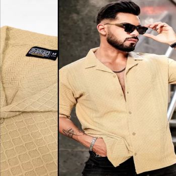 Maniac Mens Solid Textured Half Sleeve Beige Poly Jacquard Fabric Shirt