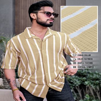 Maniac Mens Striped Collared Neck Half Sleeve Beige Popcorn Knitted Shirt