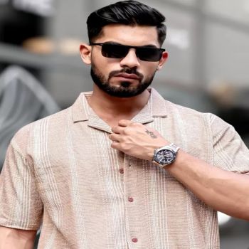 Maniac Mens Vertical Stripes Collared Neck Half Sleeve Beige Tweed Fabric Oversized Shirt