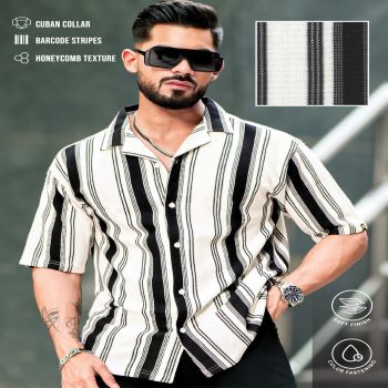 Maniac Mens Barcode Stripes Half Sleeve Black and White HoneyComb Fabric Shirt