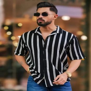 Maniac Mens Vertical Stripes Half Sleeve Terry Fabric Black Slim Fit Shirt