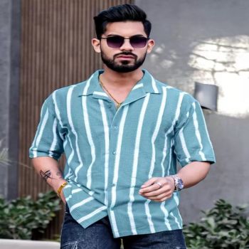 Maniac Mens Striped Collared Neck Half Sleeve Blue Popcorn Knitted Shirt