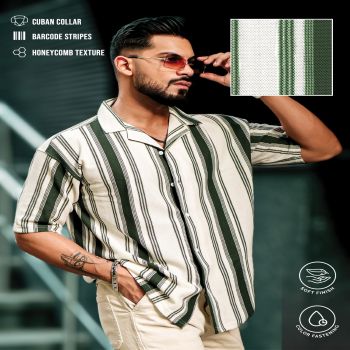 Maniac Mens Barcode Stripes Half Sleeve Bottle Green HoneyComb Fabric Shirt