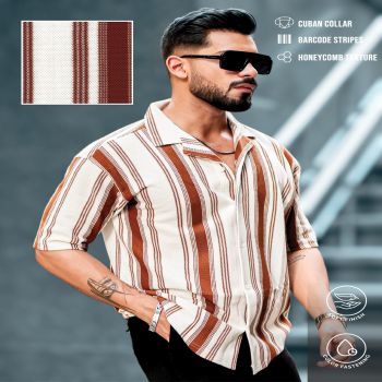 Maniac Mens Barcode Stripes Half Sleeve Brown HoneyComb Fabric Shirt