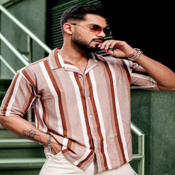 Maniac Mens Roman Stripes Half Sleeve Brown HoneyComb Fabric Shirt