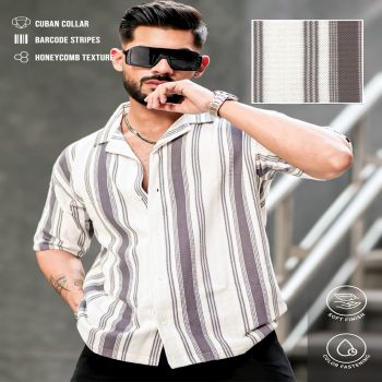 Maniac Mens Barcode Stripes Half Sleeve Cement Grey HoneyComb Fabric Shirt