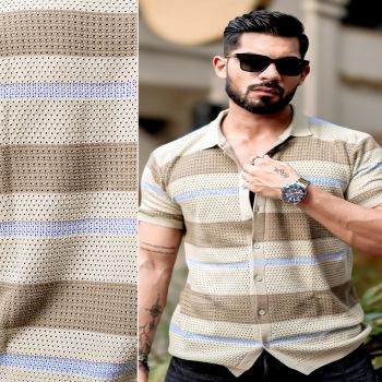 Maniac Mens Half Sleeve Beige and Khaki Tricot Flat Knit Cotton Shirt