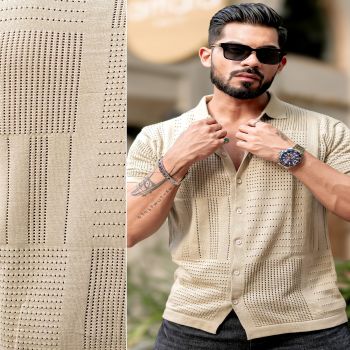 Maniac Mens Half Sleeve Beige Wrap Flat Knit Cotton Shirt