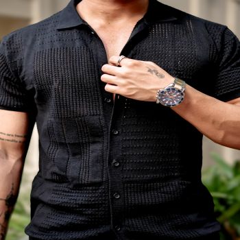 Maniac Mens Half Sleeve Black Wrap Flat Knit Cotton Shirt