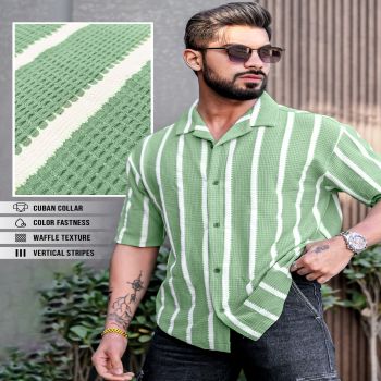 Maniac Mens Striped Collared Neck Half Sleeve Green Popcorn Knitted Shirt