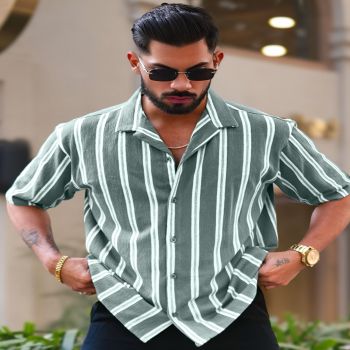 Maniac Mens Vertical Stripes Half Sleeve Terry Fabric Green Slim Fit Shirt