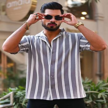 Maniac Mens Vertical Stripes Half Sleeve Terry Fabric Grey Slim Fit Shirt
