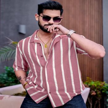 Maniac Mens Striped Collared Neck Half Sleeve Onion Popcorn Knitted Shirt