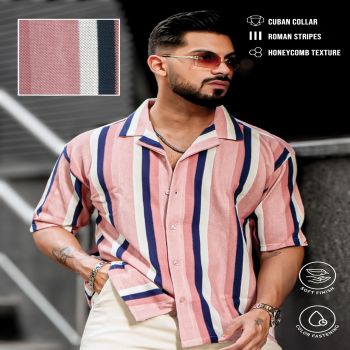 Maniac Mens Roman Stripes Half Sleeve Pink HoneyComb Fabric Shirt