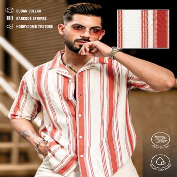 Maniac Mens Barcode Stripes Half Sleeve Rust HoneyComb Fabric Shirt