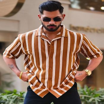 Maniac Mens Vertical Stripes Half Sleeve Terry Fabric Rust Oversized Fit Shirt