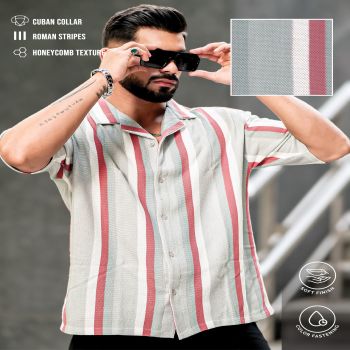 Maniac Mens Roman Stripes Half Sleeve Sliver Grey HoneyComb Fabric Shirt