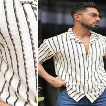 Maniac Mens Solid Textured Half Sleeve Collared Neck Half White Oversized Shirt
