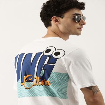 Maniac Printed Mens Half sleeve Round Neck White and Black Cotton Oversized Fit T-Shirt