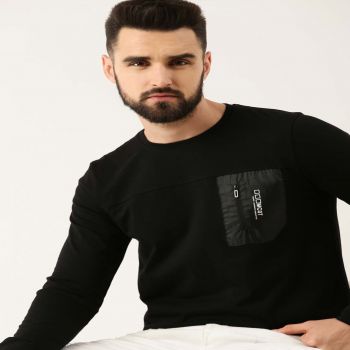 Maniac Mens Printed Round Neck Full Sleeve Black Cotton Slim Fit Tshirt