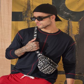 Maniac Mens Solid Round Neck Full Sleeve Black and Red Cotton Slim Fit T-Shirt