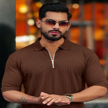Maniac Men Textured Polo Neck Half Sleeve Half Zipper Brown Color Cotton T-Shirt