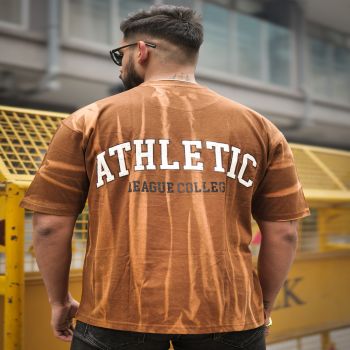 Maniac Mens Athletic Strokes Round Neck Half Sleeve Brown Cotton T-Shirt