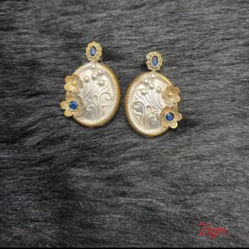 Brass Silver Oxidised Doul Stud Earrings