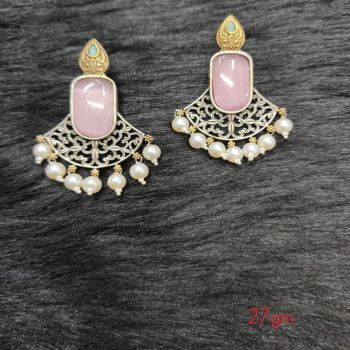 Brass Silver Oxidised Doul Tone Pink Chand Earrings