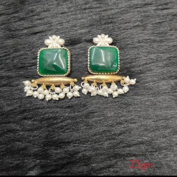 Brass Silver Oxidised GREEN CHARM Earrings