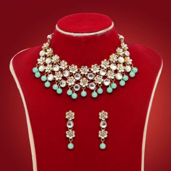 Pista Green Color Kundan Necklace Set