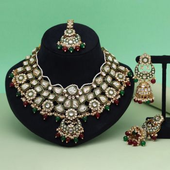 Maroon & Green Color Meena Work Kundan Necklace Set