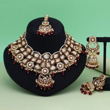 Maroon Color Meena Work Kundan Necklace Set