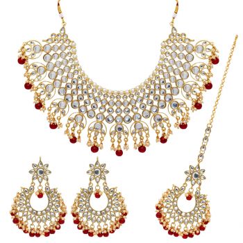 Maroon Color Imitation Pearl Kundan Necklace With Earrings & Maang Tikka For Women