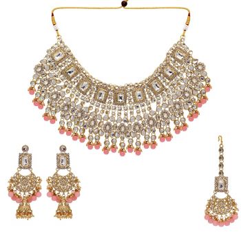 Peach Color Kundan Bridal Necklace With Earrings & Maang Tikka