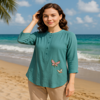 Dusty Turqouise Beaded Butterfly Shirt