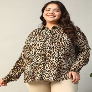 Women Plus Size Multicolor Animal Print Collared Long Sleeve Rayon Crepe Shirt