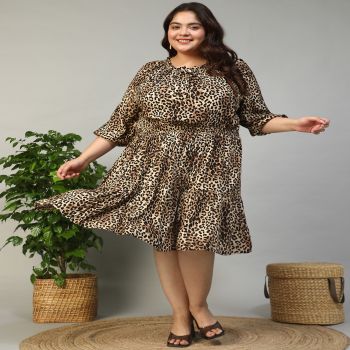 Women Plus Size Multicolor Animal Print Round Neck With Tie-Up Detail Elasticated 3/4 Length Sleeve Knee-Length Rayon Crepe Dress